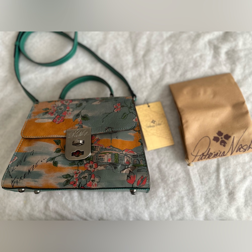 Brand new Patricia Nash Leather Floral Crossbody Bag with Green & Orange Accents - Picture 7 of 9